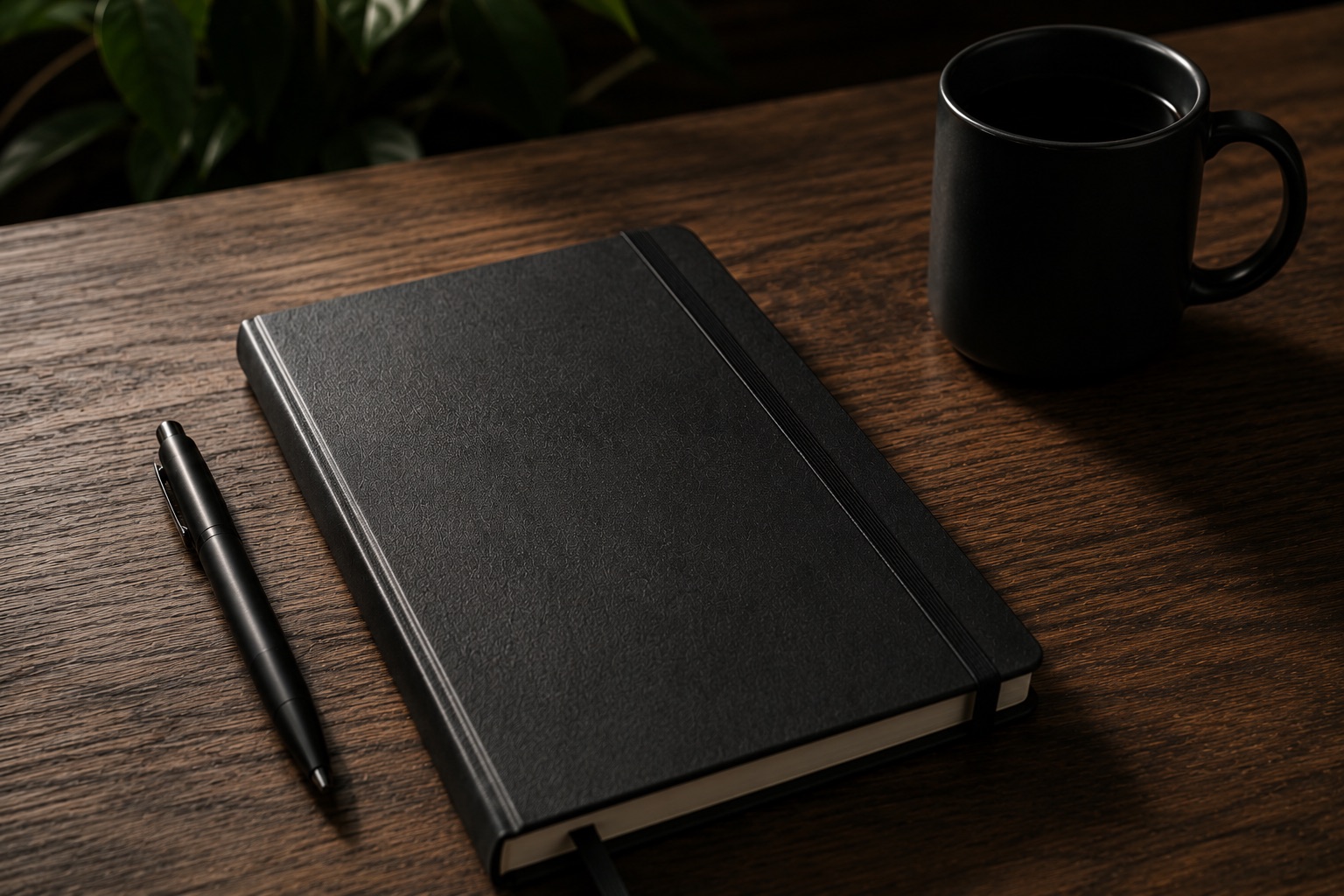 Notebook, pen, and mug on a wooden desk.